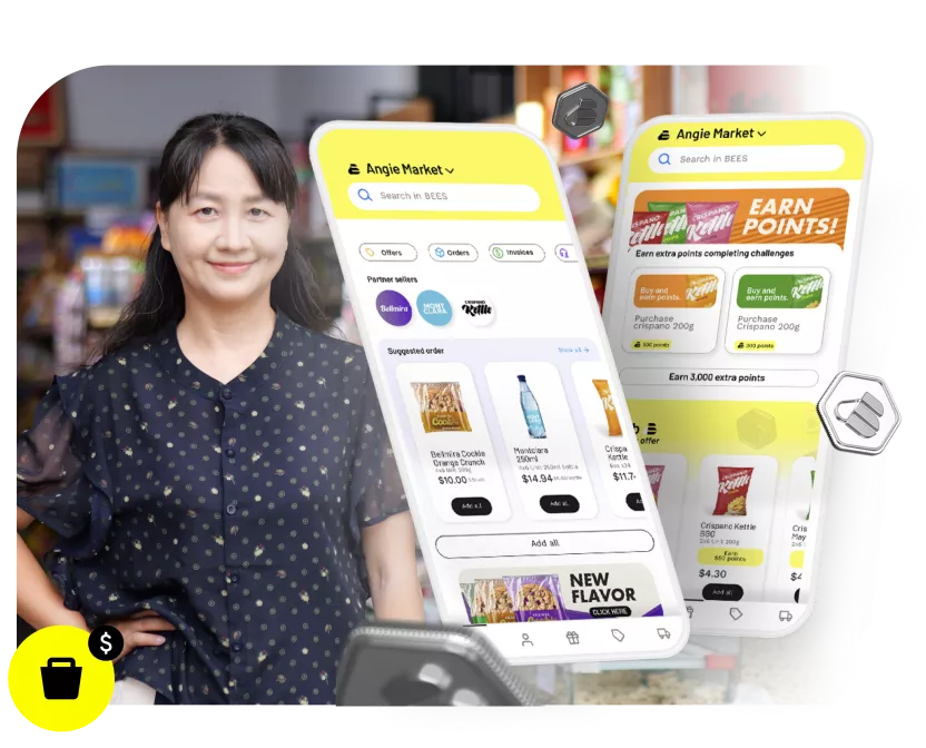 BEES retailer platform campaign visual with retailer and mobile interface