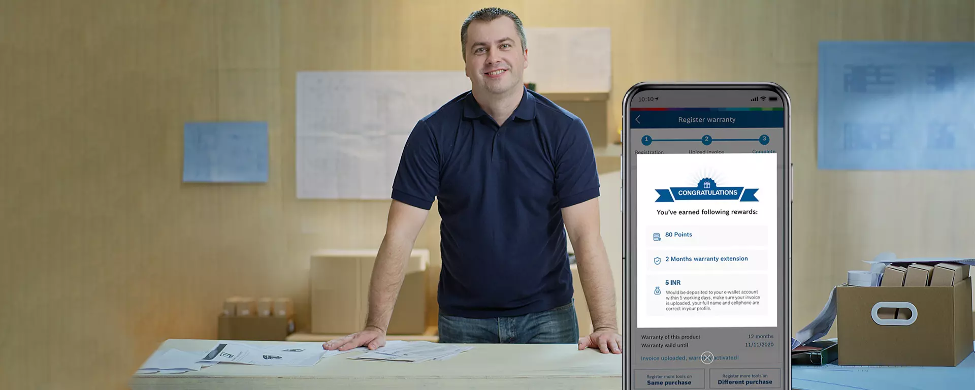Bosch BeConnected rewards campaign visual with a professional user and mobile app interface