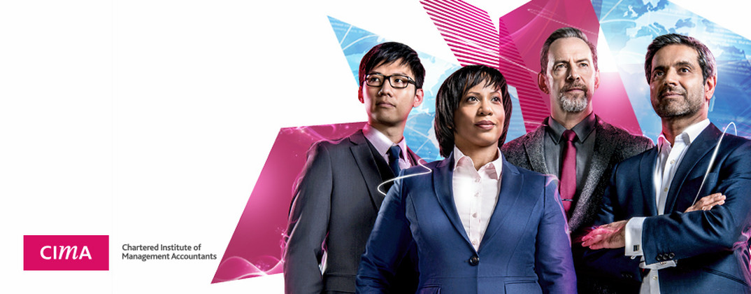CIMA campaign visual featuring four professionals against a pink and blue graphic composition