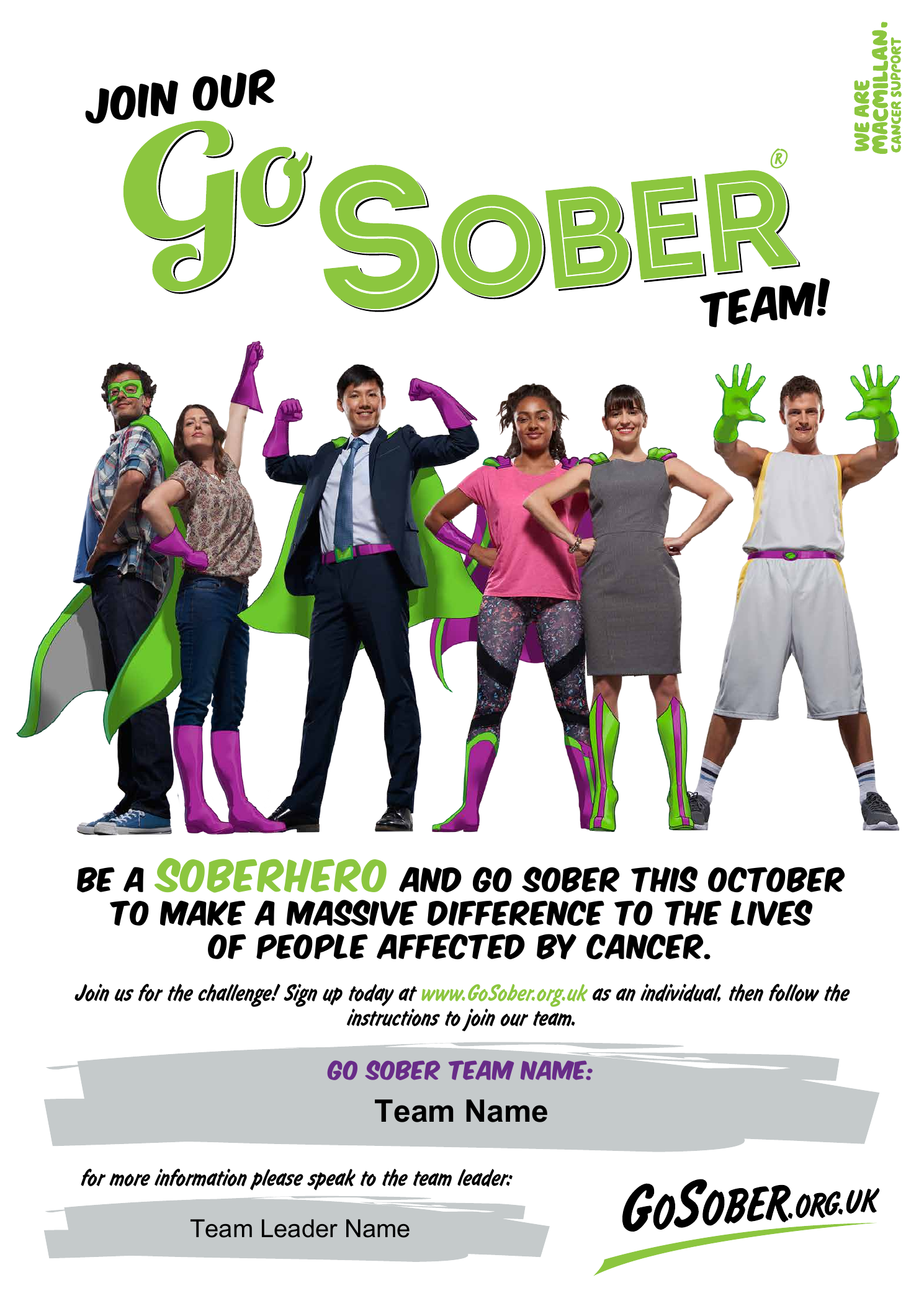 Macmillan Cancer Support Go Sober team campaign artwork featuring six people dressed as colourful superheroes