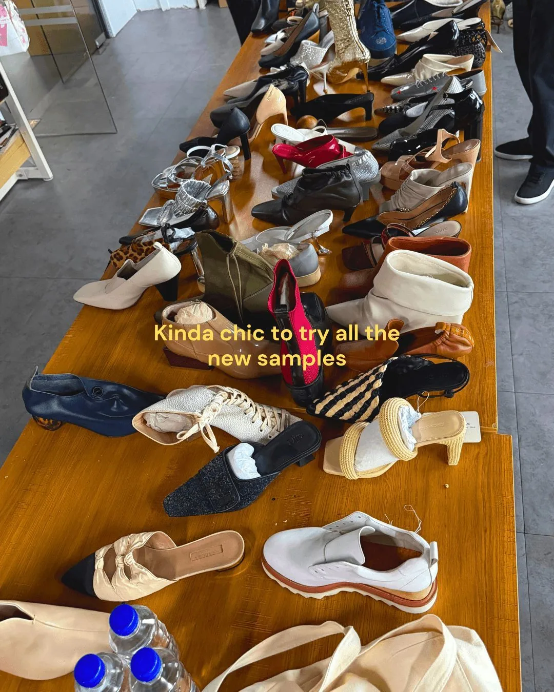 THUNA founders reviewing footwear samples on a supplier worktable